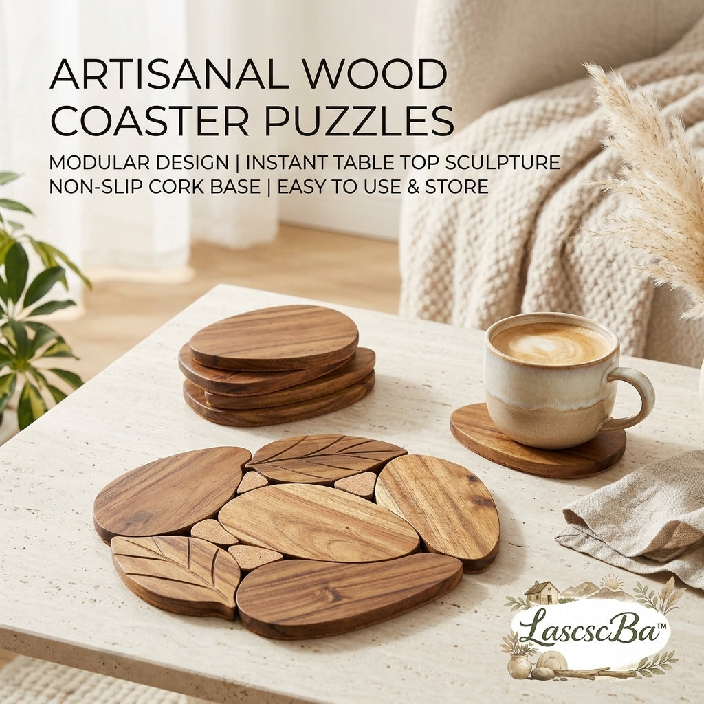 LascscBa™ Artisanal Wood Coaster Puzzle Set - 7-Piece Modular Wooden Trivet & Drink Coasters with Non-Slip Cork Base | Interactive Tabletop Sculpture & Heat-Resistant Hot Pads for Coffee, Tea, and Dining | Creative Housewarming Gift