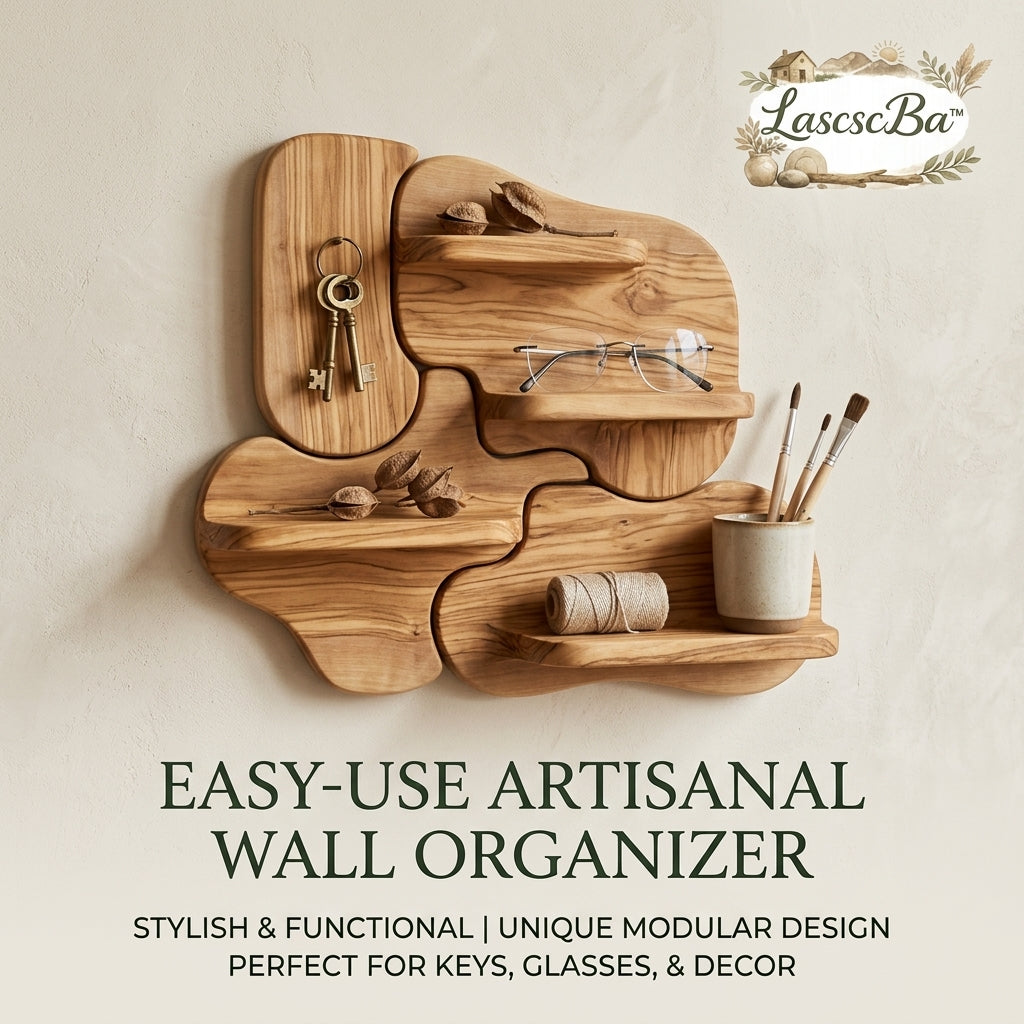 LascscBa™ Modular Wooden Wall Organizer - Organic Jigsaw Floating Shelves & Decorative Key Holder, Aesthetic Rustic Solid Wood Wall Shelf, Multifunctional Entryway Drop Zone for Keys, Glasses, Office Supplies & Modern Home Decor
