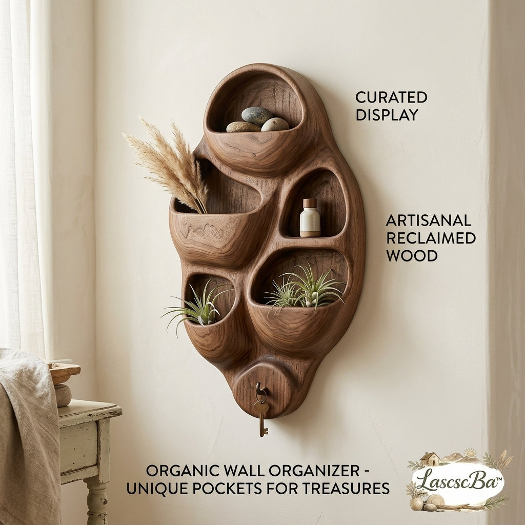LascscBa™ Organic Reclaimed Wood Wall Organizer - Hand-Carved Floating Pocket Shelf & Key Holder | Boho Rustic Wall Hanging Decor for Air Plants, Crystals, Treasures, Entryway Storage