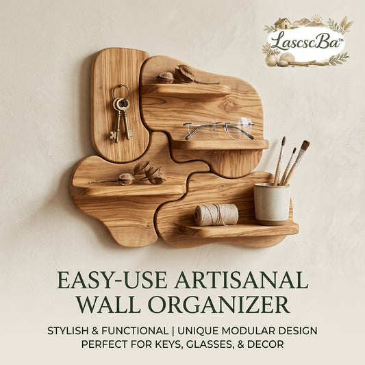 LascscBa™ Modular Wooden Wall Organizer - Organic Jigsaw Floating Shelves & Decorative Key Holder, Aesthetic Rustic Solid Wood Wall Shelf, Multifunctional Entryway Drop Zone for Keys, Glasses, Office Supplies & Modern Home Decor