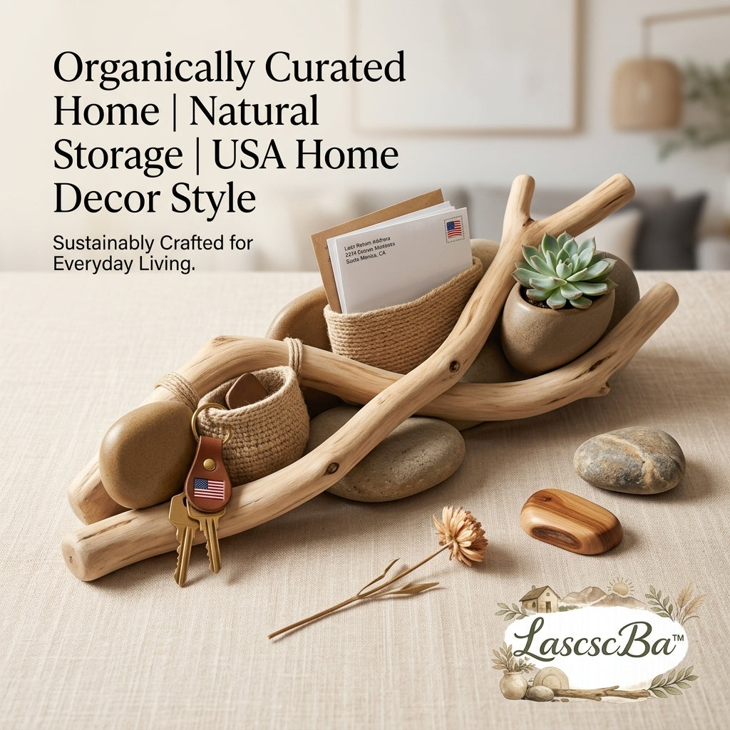 LascscBa™ Organic Driftwood Entryway Organizer - Natural Wood Mail Holder, Key Catchall Tray, and Small Succulent Planter | Rustic Coastal Desk Organizer with Woven Jute Baskets & Smooth River Rocks | Unique Nature-Inspired Home Decor Centerpiece