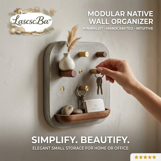 LascscBa™ Modular Concrete Wall Organizer | Handcrafted Pegboard Key Holder for Wall | Modern Entryway Organizer with Solid Wood Floating Shelf & Brass Pegs | Minimalist Decorative Small Space Storage for Home & Office