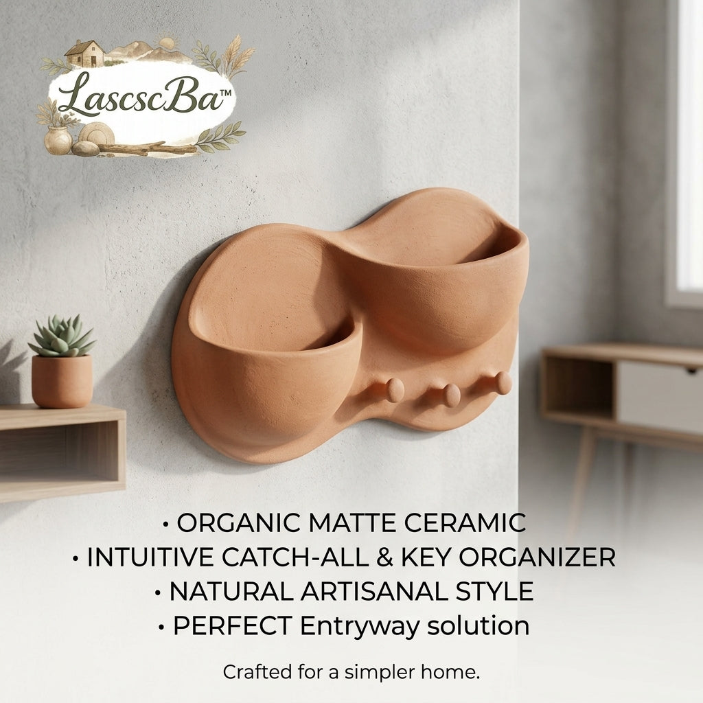 LascscBa™ Ceramic Wall Organizer - Matte Terracotta Entryway Catch-All Pocket & Key Holder | Boho Wall Mounted Mail Organizer, Floating Key Hanger with 3 Hooks for Foyer, Mudroom, and Living Room Decor