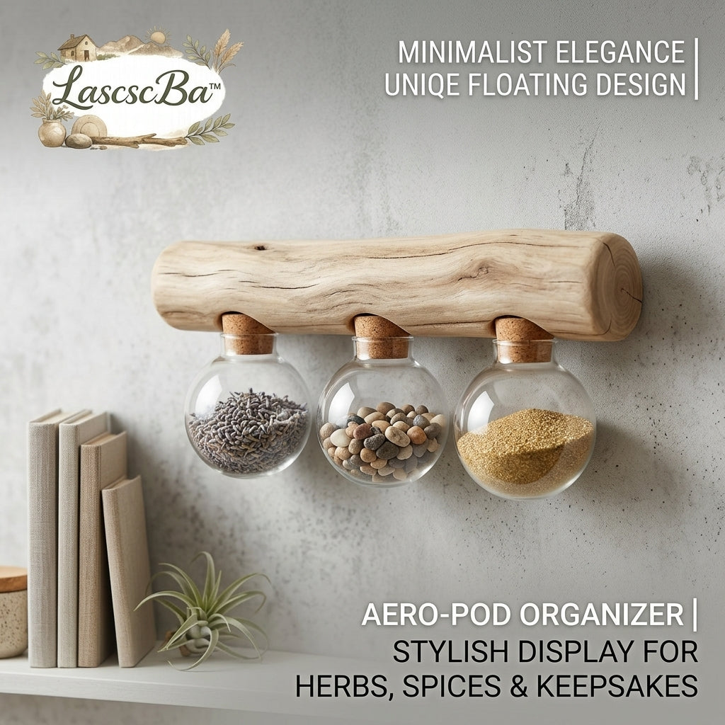 LascscBa™ Aero-Pod Floating Wall Organizer - Rustic Driftwood Display Rack with 3 Hanging Glass Globes & Cork Stoppers | Decorative Spice, Herb, and Plant Terrarium Holder | Minimalist Modern Boho Home Decor
