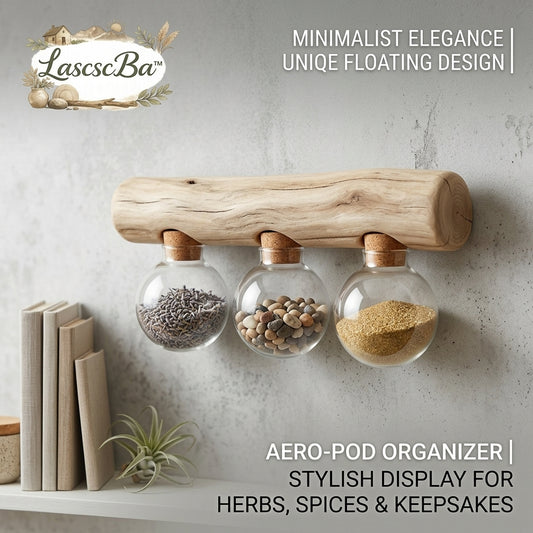 LascscBa™ Aero-Pod Floating Wall Organizer - Rustic Driftwood Display Rack with 3 Hanging Glass Globes & Cork Stoppers | Decorative Spice, Herb, and Plant Terrarium Holder | Minimalist Modern Boho Home Decor