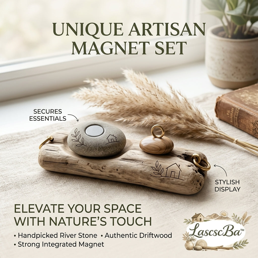 LascscBa™ Unique Artisan Magnet Set - Handpicked River Stone & Authentic Driftwood Desktop Organizer, Rustic Magnetic Key Holder, Decorative Paperweight & Nature-Inspired Home Decor Display Gift